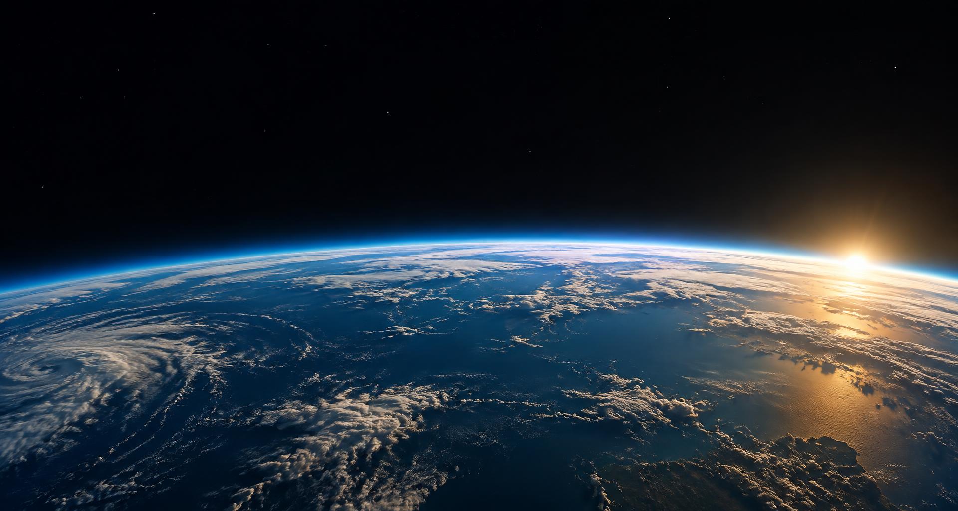 La courbe de la Terre et son atmosphère bleue, éclairées par le soleil depuis l’orbite